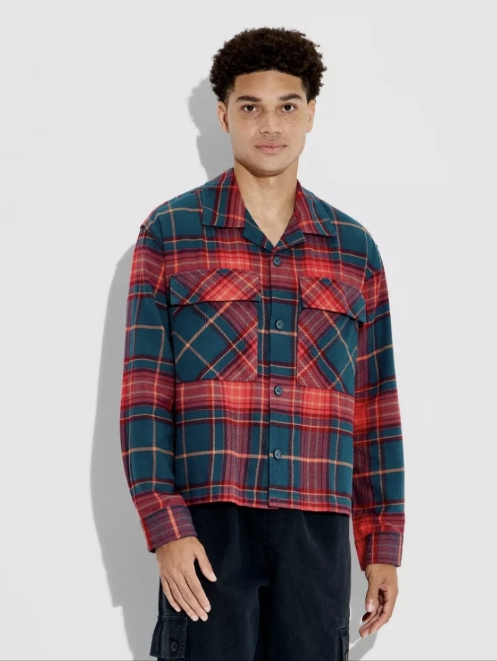 Original Use Checked Cropped Flannel Camp Shirt Sz XXL